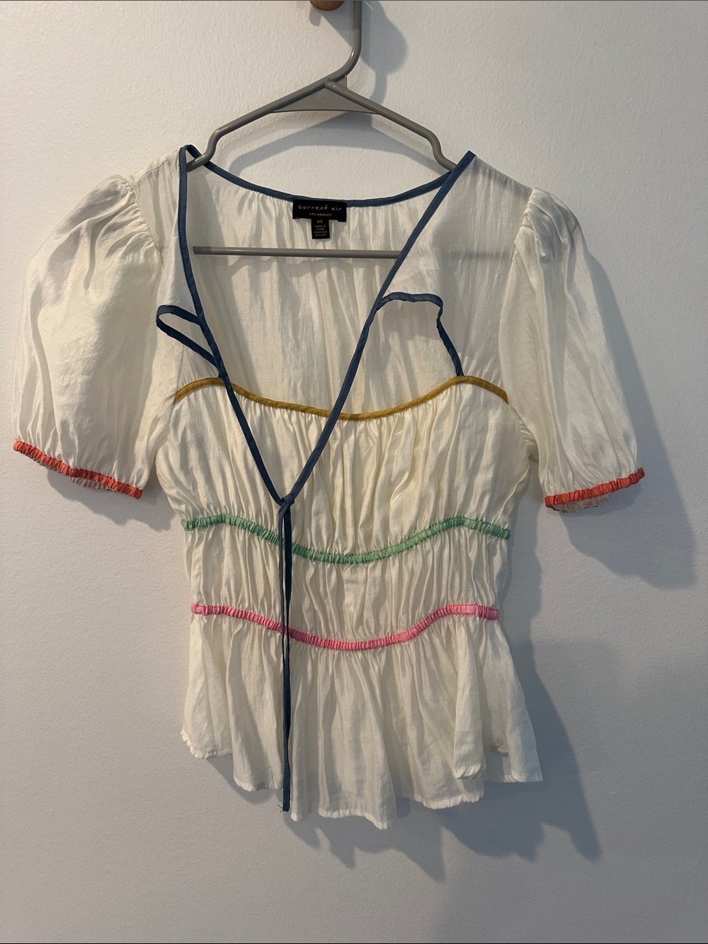 Anthropologie: White Peasant Top with Navy Trim and Colorful Accents